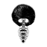Black Ribbed Metal Bunny Tail Plug, Size L, 9 cm - Fluffy Twist