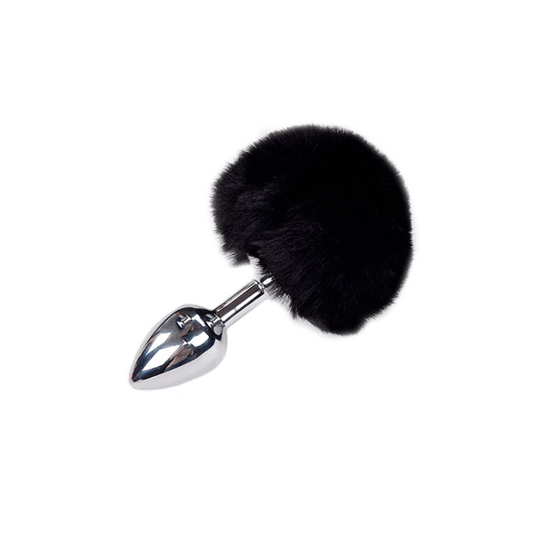 Black Smooth Metal Bunny Tail Plug, Size S, 7 cm - Fluffy