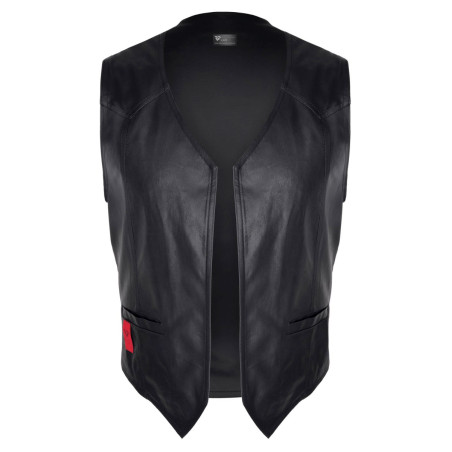 Black Fitted Wetlook Men's Waistcoat with Back Buckle - Red Mark