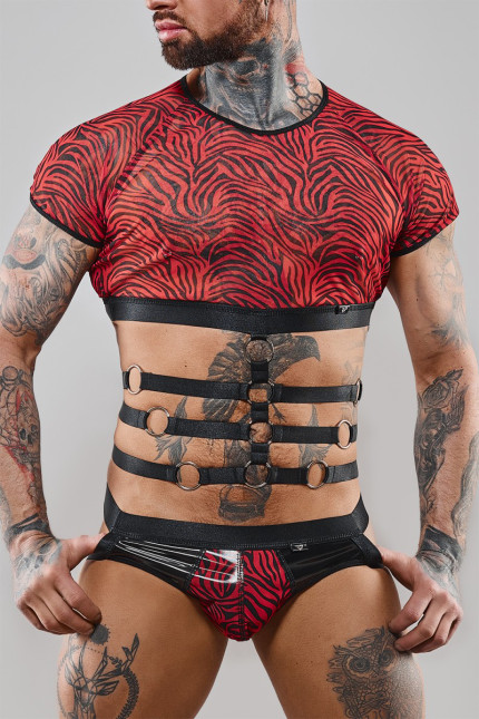 Crop top hombre manga corta con arnés cebra rojo - Razors Edge