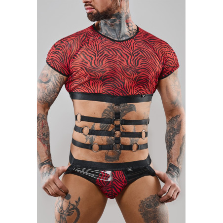 Crop top uomo a maniche corte con harness zebrato rosso - Razors Edge