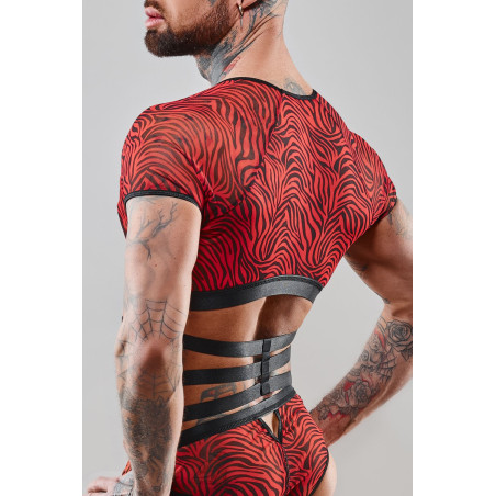 Crop top uomo a maniche corte con harness zebrato rosso - Razors Edge