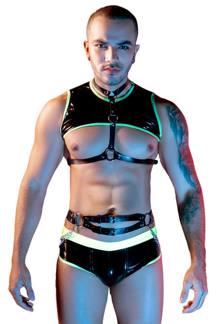 Men's Black and Neon Wetlook 4-Piece Set with Harness